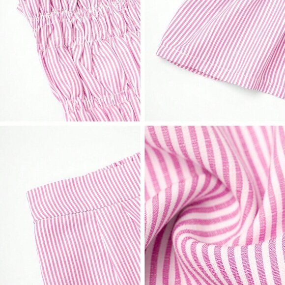 Pink Boho Womens Tropical Beach strapless Striped Bandeau Top And Shorts Set - Picture 8 of 11